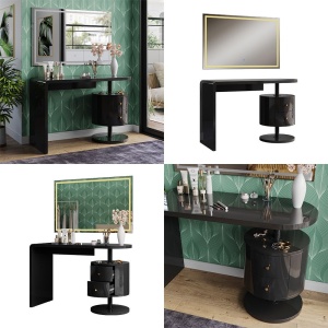 Masuta machiaj cu Oglinda LED si 2 Sertare pentru Cosmetice, Set Masa toaleta 120 cm, Negru, masuta cosmetica, vanity - SEN257 - Img 5