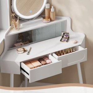 Masuta machiaj cu Oglinda LED si 2 Sertare pentru Cosmetice, Set Masa toaleta 90 cm, Alb, masuta cosmetica, vanity - SEA493 - Img 6