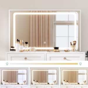 Masuta machiaj cu Oglinda LED si 2 Sertare pentru Cosmetice, Set Masa toaleta 90 cm, Alb, masuta cosmetica, vanity - SEA498 - Img 6