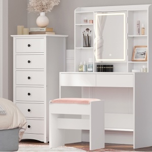 Masuta machiaj cu Oglinda LED si 2 Sertare pentru Cosmetice, Set Masa toaleta 90 cm, Alb, masuta cosmetica, vanity cu sau fara Priza, cu sau fara Scaun - SEA81 - Img 10