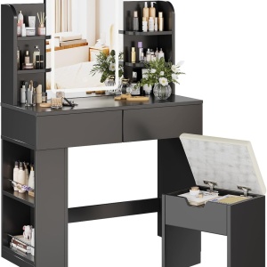 Masuta machiaj cu Oglinda LED si 2 Sertare pentru Cosmetice, Set Masa toaleta 90 cm, Alb / Negru / Roz, masuta cosmetica, vanity - SER203 - Img 6
