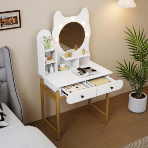Masuta machiaj cu Oglinda LED si 2 Sertare pentru Cosmetice, Set Masa toaleta 80 cm, Alb / Maro, masuta cosmetica, vanity - SEA834 - Img 6