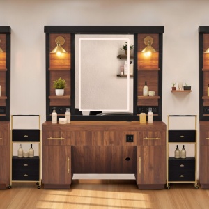 Masuta machiaj cu Oglinda LED si 2 Sertare pentru Cosmetice, Set Masa toaleta 150 cm, Negru / Maro, masuta cosmetica, vanity - SEN259 - Img 2