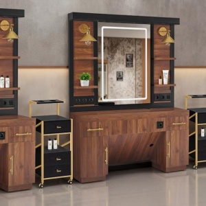 Masuta machiaj cu Oglinda LED si 2 Sertare pentru Cosmetice, Set Masa toaleta 150 cm, Negru / Maro, masuta cosmetica, vanity - SEN259 - Img 9