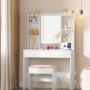 Masuta machiaj cu Oglinda LED si 2 Sertare pentru Cosmetice, Set Masa toaleta 90 cm, Alb, masuta cosmetica, vanity cu sau fara Priza, cu sau fara Scaun - SEA81 - Img 12