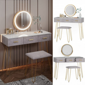 Masuta machiaj cu Oglinda LED si 3 Sertare pentru Cosmetice, Set Masa toaleta 100 cm, Alb, masuta cosmetica, vanity - SEA395 - Img 8
