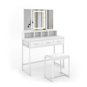 Masuta machiaj cu Oglinda LED si 3 Sertare pentru Cosmetice, Set Masa toaleta 90 cm, Alb, masuta cosmetica, vanity - SEA811 - Img 2
