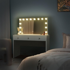 Masuta machiaj cu Oglinda LED si 3 Sertare pentru Cosmetice, Set Masa toaleta 120 cm, Alb, masuta cosmetica, vanity - SEA912