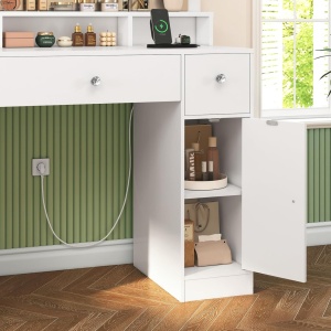 Masuta machiaj cu Oglinda LED si 3 Sertare pentru Cosmetice, Set Masa toaleta 102 cm, Alb, masuta cosmetica, vanity - SEA817 - Img 5