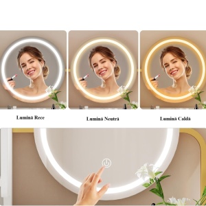 Masuta machiaj cu Oglinda LED si 3 Sertare pentru Cosmetice, Set Masa toaleta 80 cm, Alb, masuta cosmetica, vanity - SEA825 - Img 2