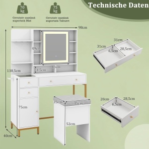 Masuta machiaj cu Oglinda LED si 3 Sertare pentru Cosmetice, Set Masa toaleta 98 cm, Alb, masuta cosmetica, vanity - SEA828 - Img 4