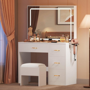 Masuta machiaj cu Oglinda LED si 4 Sertare pentru Cosmetice, Set Masa toaleta 90 cm, Alb, masuta cosmetica, vanity - SEA456