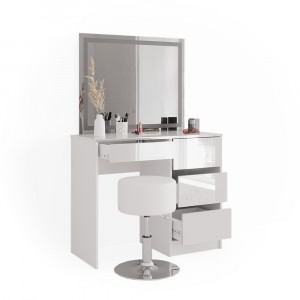 Masuta machiaj cu Oglinda LED si 4 Sertare pentru Cosmetice, Set Masa toaleta 90 cm, Alb Lucios, masuta cosmetica, vanity - SEA468 - Img 2