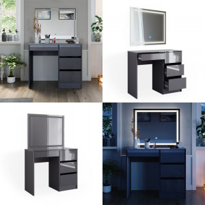Masuta machiaj cu Oglinda LED si 4 Sertare pentru Cosmetice, Set Masa toaleta 90 cm, Gri, masuta cosmetica, vanity - SEG222 - Img 3