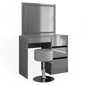 Masuta machiaj cu Oglinda LED si 4 Sertare pentru Cosmetice, Set Masa toaleta 90 cm, Gri, masuta cosmetica, vanity - SEG224 - Img 2