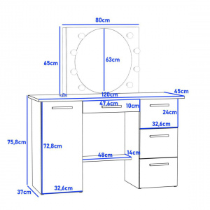 Masuta machiaj cu Oglinda LED si 4 Sertare pentru Cosmetice, Set Masa toaleta 120 cm, Alb, masuta cosmetica, vanity - SEA543 - Img 2