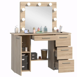Masuta machiaj cu Oglinda LED si 4 Sertare pentru Cosmetice, Set Masa toaleta 120 cm, masuta cosmetica, vanity - SEM515 - Img 5