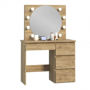 Masuta machiaj cu Oglinda LED si 4 Sertare pentru Cosmetice, Set Masa toaleta 94 cm, Stejar, masuta cosmetica, vanity - SEM524 - Img 4