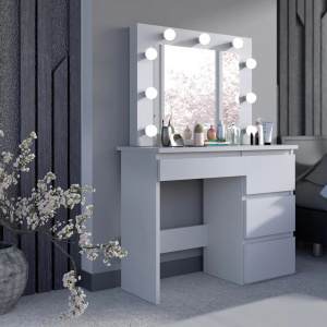 Masuta machiaj cu Oglinda LED si 4 Sertare pentru Cosmetice, Set Masa toaleta 94 cm, Alb, masuta cosmetica, vanity - SEA548