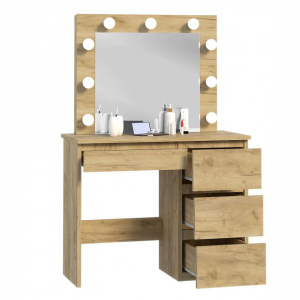 Masuta machiaj cu Oglinda LED si 4 Sertare pentru Cosmetice, Set Masa toaleta 94 cm, Stejar, masuta cosmetica, vanity - SEM526 - Img 5