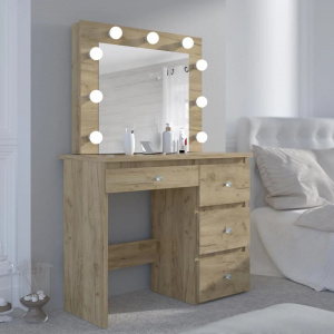Masuta machiaj cu Oglinda LED si 4 Sertare pentru Cosmetice, Set Masa toaleta 94 cm, Stejar, masuta cosmetica, vanity - SEM530 - Img 6
