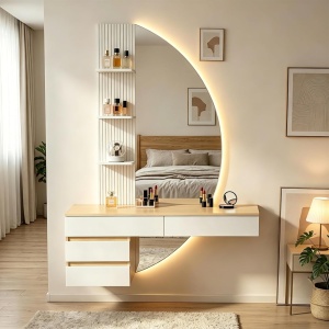 Masuta machiaj cu Oglinda LED si 4 Sertare pentru Cosmetice, Set Masa toaleta 106 cm, Alb - Maro, masuta cosmetica, vanity cu Riflaj si Rafturi - SEM247