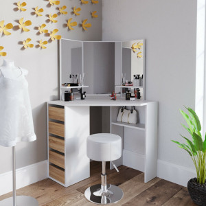 Masuta machiaj cu Oglinda LED si 5 Sertare pentru Cosmetice, Alb, masuta cosmetica, vanity - SEA274 - Img 2