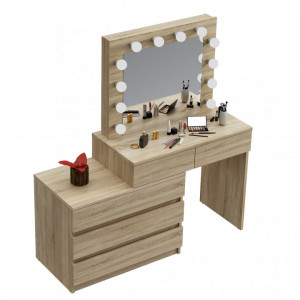 Masuta machiaj cu Oglinda LED si 5 Sertare pentru Cosmetice, Set Masa toaleta 130 cm, masuta cosmetica, vanity - SEM511 - Img 4