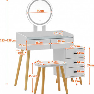 Masuta machiaj cu Oglinda LED si 5 Sertare pentru Cosmetice, Set Masa toaleta 116 cm, Alb, masuta cosmetica, vanity - SEA419 - Img 3