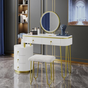 Masuta machiaj cu Oglinda LED si 5 Sertare pentru Cosmetice, Set Masa toaleta 100 cm, Alb, masuta cosmetica, vanity - SEA422