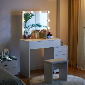 Masuta machiaj cu Oglinda LED si 5 Sertare pentru Cosmetice, Set Masa toaleta 80 cm, Alb, masuta cosmetica, vanity - SEA425