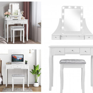 Masuta machiaj cu Oglinda LED si 5 Sertare pentru Cosmetice, Set Masa toaleta 80 cm, Alb, masuta cosmetica, vanity - SEA531 - Img 3