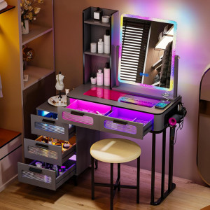 Masuta machiaj cu Oglinda LED si 5 Sertare pentru Cosmetice, Set Masa toaleta 80 cm, Negru, masuta cosmetica, vanity - SEG218 - Img 2