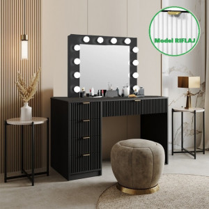 Masuta machiaj cu Oglinda LED si 5 Sertare pentru Cosmetice, Set Masa toaleta 120 cm cu Riflaj, masuta cosmetica, vanity - SEN22