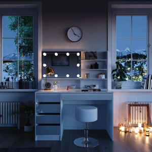 Masuta machiaj cu Oglinda LED si 5 Sertare pentru Cosmetice, Set Masa toaleta 120 cm, Alb Lucios, masuta cosmetica, vanity - SEA465
