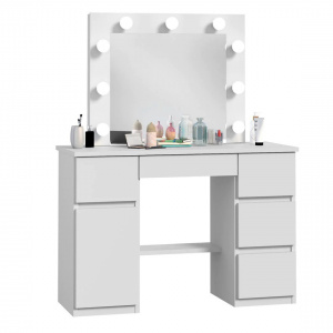 Masuta machiaj cu Oglinda LED si 5 Sertare pentru Cosmetice, Set Masa toaleta 120 cm, Alb, masuta cosmetica, vanity - SEA546 - Img 5