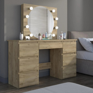 Masuta machiaj cu Oglinda LED si 5 Sertare pentru Cosmetice, Set Masa toaleta 120 cm, Stejar, masuta cosmetica, vanity - SEM532