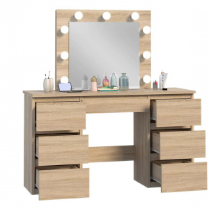 Masuta machiaj cu Oglinda LED si 5 Sertare pentru Cosmetice, Set Masa toaleta 120 cm, masuta cosmetica, vanity - SEM533 - Img 4