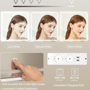 Masuta machiaj cu Oglinda LED si 5 Sertare pentru Cosmetice, Set Masa toaleta 108 cm, Alb, masuta cosmetica, vanity - SEA483 - Img 4
