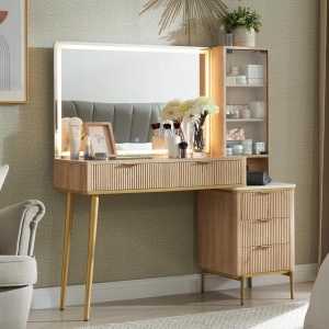 Masuta machiaj cu Oglinda LED si 5 Sertare pentru Cosmetice, Set Masa toaleta 122 cm, Alb, Antracit sau Culoarea Stejar, masuta cosmetica cu Riflaj, vanity - SEM21 - Img 1