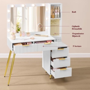 Masuta machiaj cu Oglinda LED si 5 Sertare pentru Cosmetice, Set Masa toaleta 110 cm, Alb, masuta cosmetica, vanity - SEA823 - Img 3