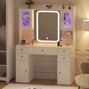 Masuta machiaj cu Oglinda LED si 5 Sertare pentru Cosmetice, Set Masa toaleta 105 cm, Alb, masuta cosmetica, vanity - SEA201 - Img 8