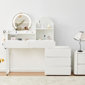 Masuta machiaj cu Oglinda LED si 5 Sertare pentru Cosmetice, Set Masa toaleta 105 - 130 cm, Alb, masuta cosmetica cu Prize si USB, Suport Uscator de Par - SEA25