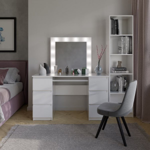 Masuta machiaj cu Oglinda LED si 6 Sertare pentru Cosmetice, Set Masa toaleta 130 cm, Alb, masuta cosmetica, vanity - SEA542