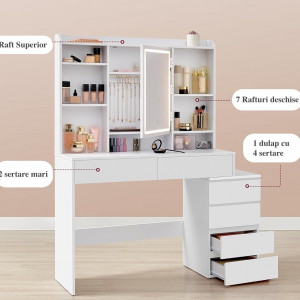 Masuta machiaj cu Oglinda LED si 6 Sertare pentru Cosmetice, Set Masa toaleta 118 cm, Alb, masuta cosmetica, vanity - SEA95 - Img 2