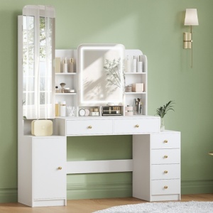 Masuta machiaj cu Oglinda LED si 6 Sertare pentru Cosmetice, Set Masa toaleta 140 cm, Alb, masuta cosmetica, vanity - SEA7 - Img 9
