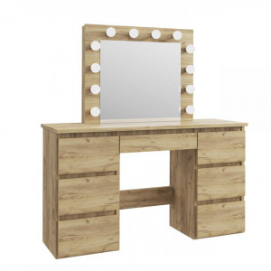 Masuta machiaj cu Oglinda LED si 7 Sertare pentru Cosmetice, Set Masa toaleta 120 cm, Stejar, masuta cosmetica, vanity - SEM508 - Img 2
