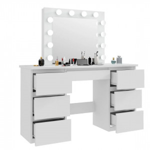 Masuta machiaj cu Oglinda LED si 7 Sertare pentru Cosmetice, Set Masa toaleta 120 cm, Alb, masuta cosmetica, vanity - SEA516 - Img 6
