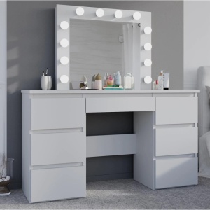 Masuta machiaj cu Oglinda LED si 7 Sertare pentru Cosmetice, Set Masa toaleta 120 cm, Alb, masuta cosmetica, vanity - SEA516 - Img 8