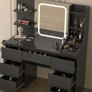 Masuta machiaj cu Oglinda LED si 7 Sertare pentru Cosmetice, Set Masa toaleta 110 cm, Alb / Negru / Roz, masuta cosmetica, vanity - SEA820 - Img 5